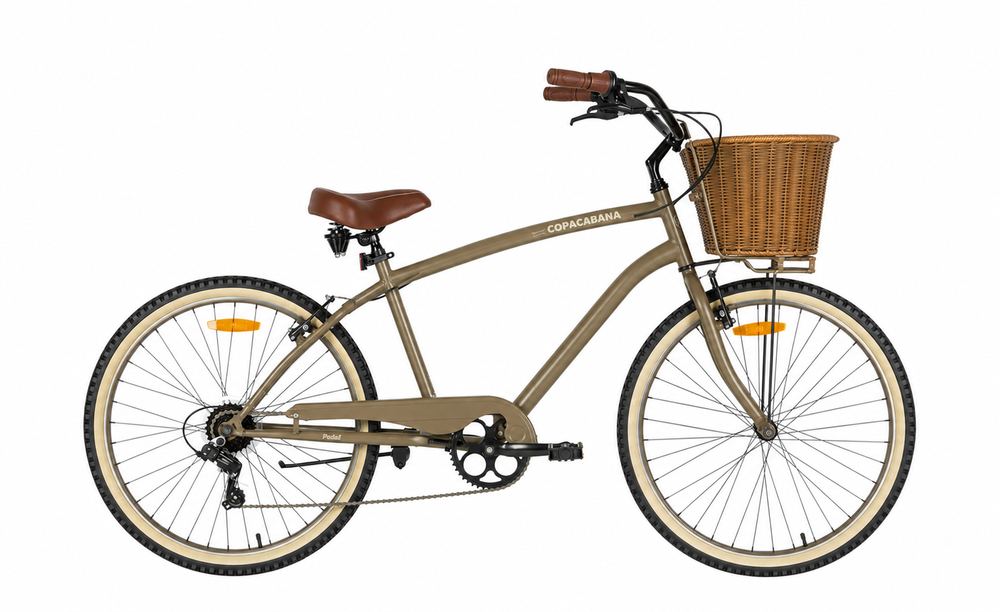 A Pedal Copacabana seven-speed beach cruiser in khaki, with a tan leather saddle, cream tyres and a wicker basket on the front